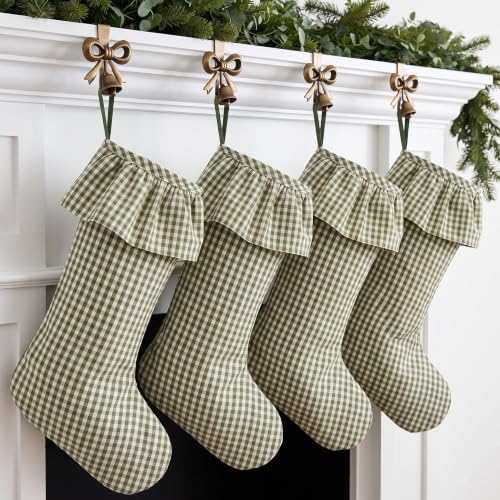 Green Gingham Christmas Stockings - 4 Pack, 18 Inches Large Ruffled Holiday Stockings