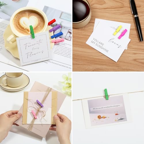 Colorful Mini Wooden Clothespins for Photos - 100pcs with Jute Twine