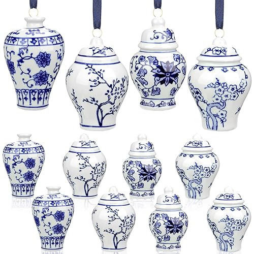 12 Pieces Christmas Blue and White Chinoiserie Ginger Jar Ornaments - Retro Style