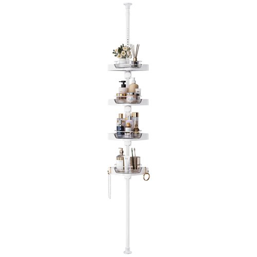 360° Rotating Shower Caddy Tension Pole, 4 Tiers Corner Shower Organizer for Bathroom Shelf Bathtub, Adjustable Standing Shower Rack Bathroom Accessories, Easily Assemble, 34-124 Inch Height, White