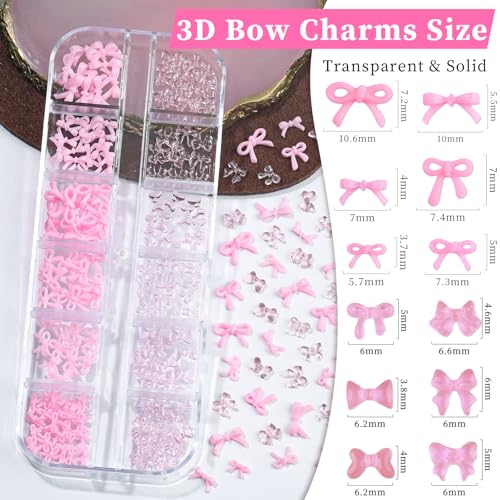 Pink Bow Nail Charms Kit - 3D Resin Kawaii Bowknot Gems with Tweezers and Brush