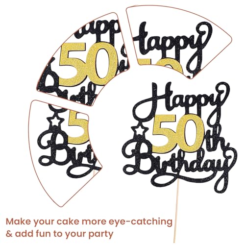Elegant Black Gold Glitter 50th Birthday Cake Topper