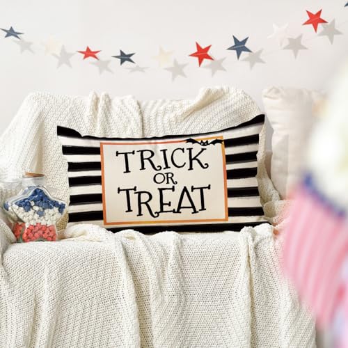Halloween Watercolor Stripes Trick or Treat Pillow Cover - 20x12 Inch