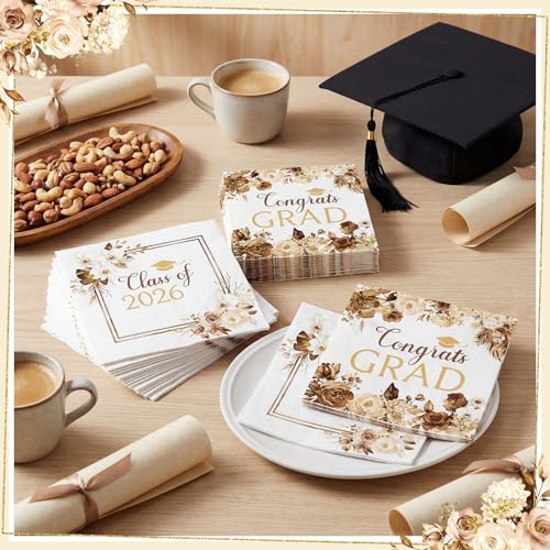 Graduation Napkins 80 Pcs - Floral Congrats Grad Party Napkins for Class of 2026