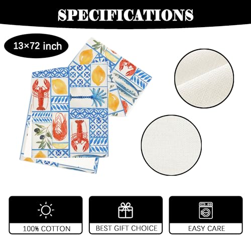 Cyan-Blue Linen Table Runner 13 x 72 Inch Crawfish Pattern