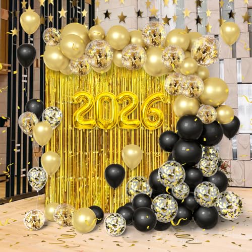 2026 New Year Decorations Kit - 89pcs Black & Gold Party Supplies
