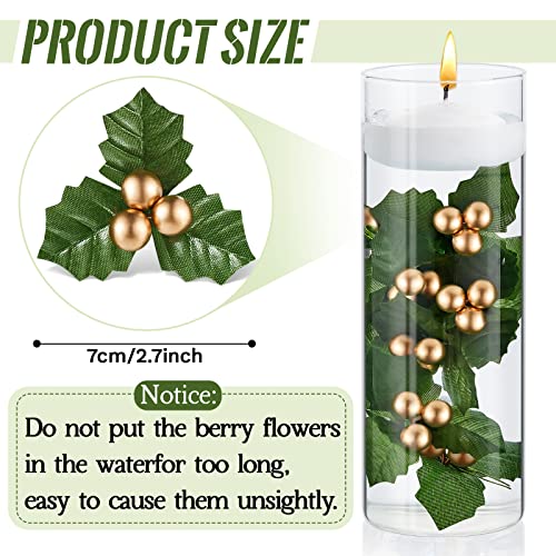 50 Pcs Gold Christmas Holly Berries with Leaves for Crafts Holiday Decor