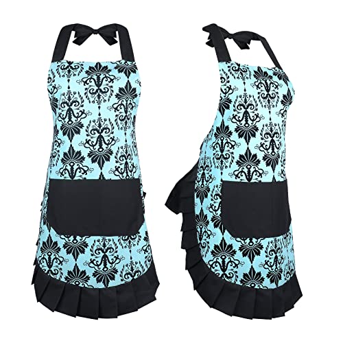 G2PLUS Vintage Cotton Apron for Women - Blue & Black Ruffle Kitchen & Baking Apron with Big Pocket - Adjustable Neck, Holiday Gift