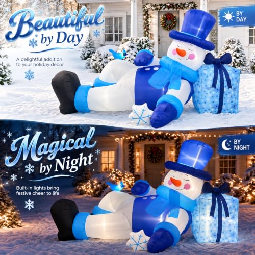 Long Christmas Inflatable Reclining Snowman Decor - 9.8FT Outdoor Holiday Decoration with LED Lights - Variation: Snowman