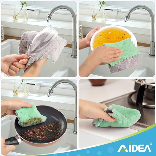 AIDEA Coral Fleece Kitchen Dishcloths, 6.3"x10.4", Green/Grey - 12 Pack