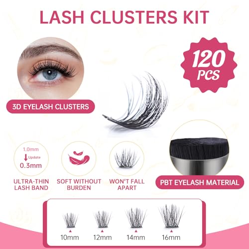 TOPQEEIST Wispy Lash Clusters Kit D Curl Individual Eyelash Extensions with Bond and Seal