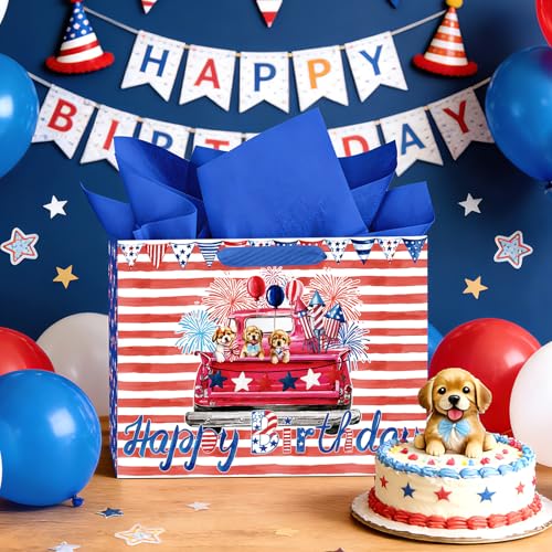 Large Patriotic Dog Birthday Gift Bag with Tissue Paper - 13"