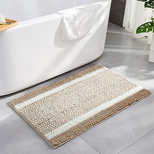 MILVOWOC Chenille Shaggy Bath Mat, 17x24 Inch, Non-Slip Khaki & White