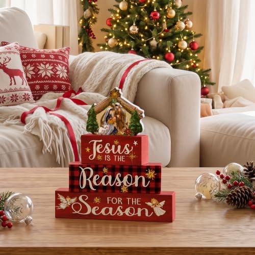 Smile 4 Pcs Wooden Christmas Block Signs - Jesus Nativity Scene Decor