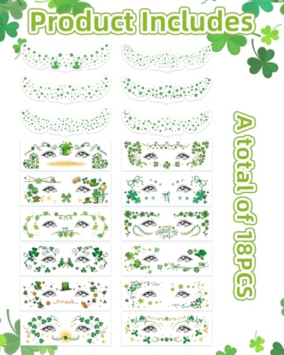 St. Patrick's Day Face Tattoos - 18pcs Green Shamrock Glitter Stickers