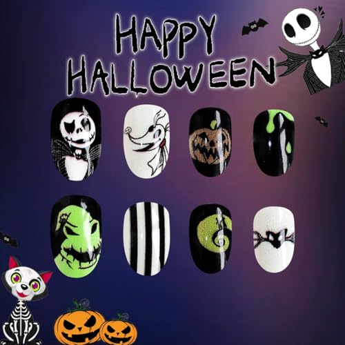 QUNQINLI Halloween Press on Nails Short Oval Ghost Pumpkin Bat False Nails