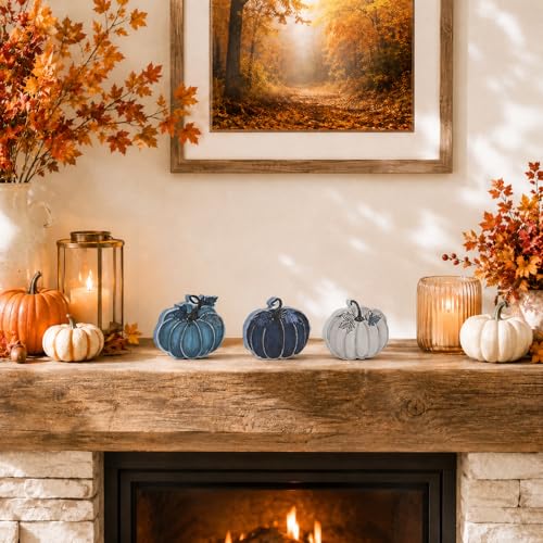 3-Piece Blue Wooden Pumpkin Tabletop Decor Set for Fall Harvest Home Styling