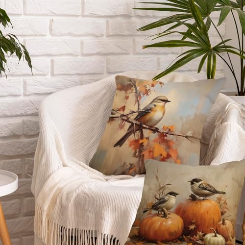 Vintage Fall Pumpkin Bird Throw Pillow Covers Set of 2 - 18x18in
