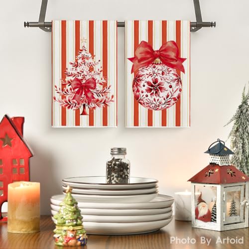 Christmas Kitchen Towels Set - Red Stripe Xmas Tree 18x26 Inches Farmhouse Decor