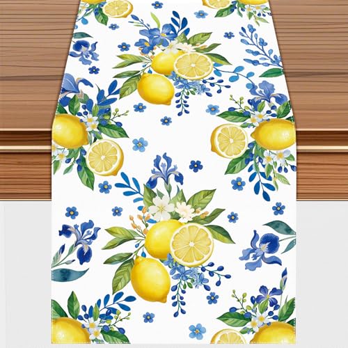 Lemon & Blue Floral Table Runner | 72 x 13 in | Machine Washable