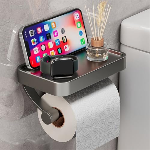 Grey Wall Mount Toilet Paper Holder with Shelf - Rustproof Stainless Steel Bathroom Dispenser
