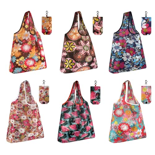 MIAHART Foldable Reusable Grocery Tote Bags - Waterproof Nylon, Cute Floral Design