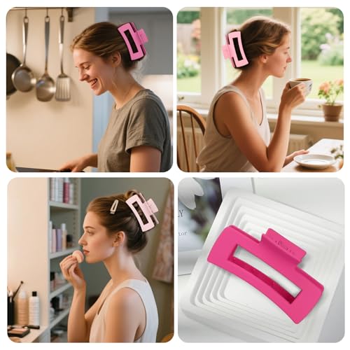 CHANDAT Pink Hair Claw Clips 8 Pcs Large Square & Flat Hair Clips for Thick and Thin Hair