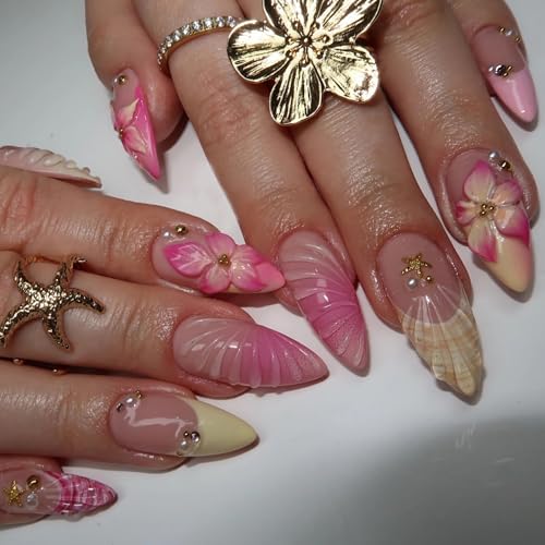 BABALAL Medium Almond Press on Nails French Tip Yellow Pink 3D