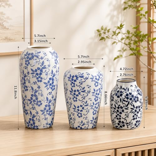 Rustic LemonRoad 3 Pack Chinoiserie Blue and White Ceramic Vases - Floral Decor
