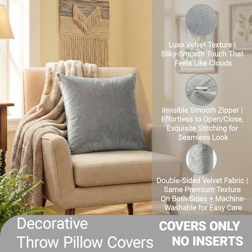 Velvet Throw Pillow Covers 4 Pack 18x18 Inches - Elegant Home Decor