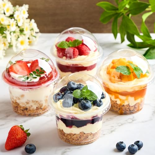 25 Pack 8 oz Plastic Dessert Cups with Leak-Proof Dome Lids - Food-Grade, Reusable, Clear Party Cups