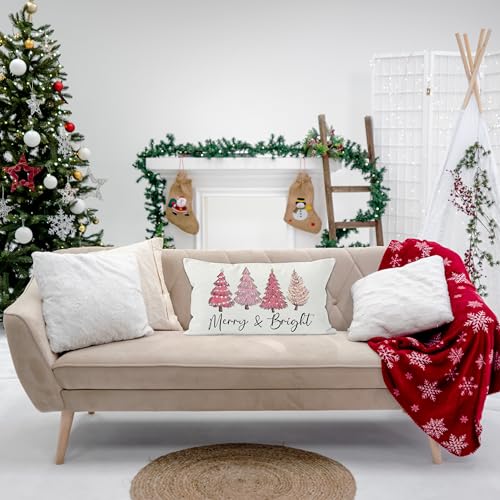 QGFM 25-Pink Christmas Pillow Cover 12x20 - Lumbar Holiday Throw Cushion