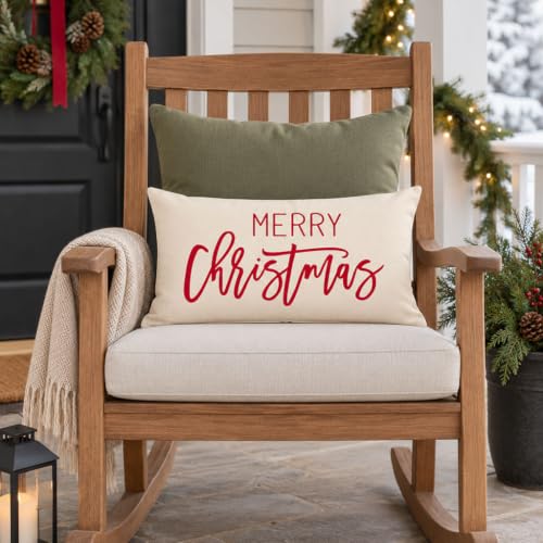 Merry Christmas Pillow Cover 12x20 Inch - Cream Red Holiday Decor