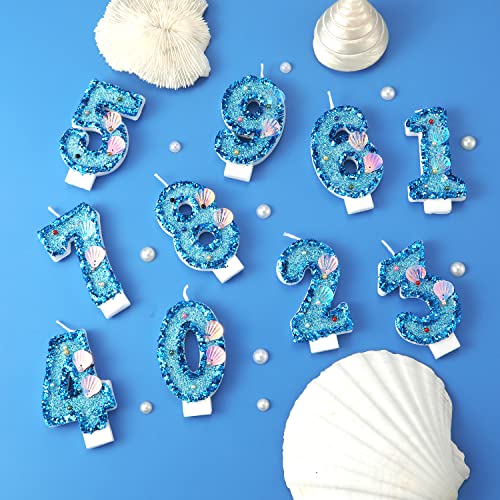 3-Inch Blue Glitter Shell Number Candle for Birthday Cake