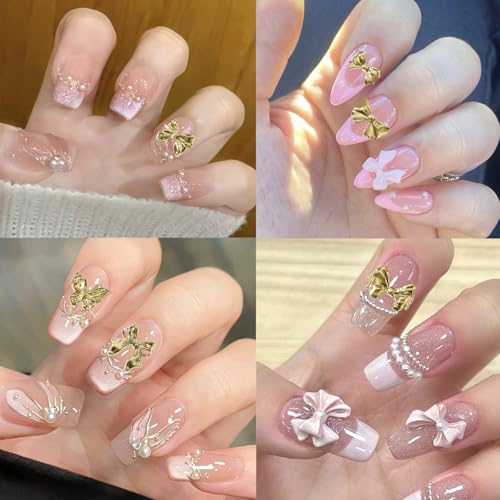 GUAACCB 3D Gold Metal Bow Nail Charms - Shiny Alloy Bowknot Gems for Nail Art