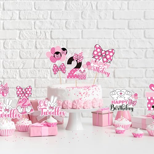 Oh Twodles Cupcake Toppers Set - 24 Pink Mouse Birthday Decorations