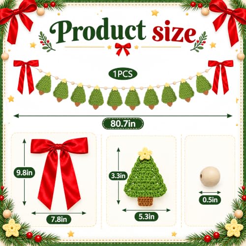 6.7ft Crochet Christmas Tree Garland with Wooden Beads and Red Bows - Rustic Holiday Decor