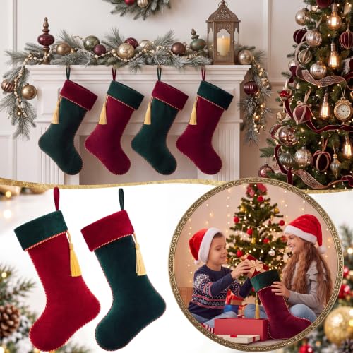 Kinlop 4 Pcs Velvet Christmas Stockings - Dark Green, 18 Inch Holiday Decor