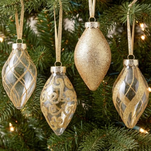 Champagne Gold Teardrop Christmas Ornaments Set - 4 Inch Finials, 12 Pieces