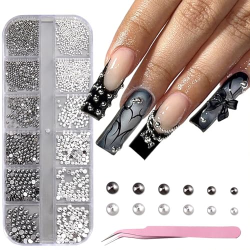 Furtherpretty Metal Nail Caviar Beads Silver Black Half Round Charms Set
