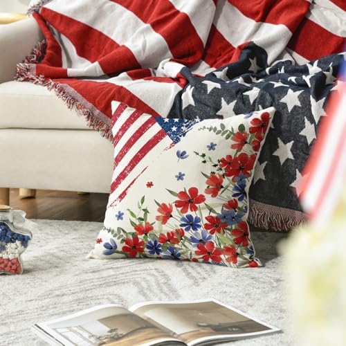 Patriotic Poppy Floral Throw Pillow Cover, 18x18 Inch - Independence Day Decor