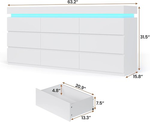HAUOMS 9-Drawer Dresser - Modern White Chest with LED Light for Bedroom, Living Room & Entryway