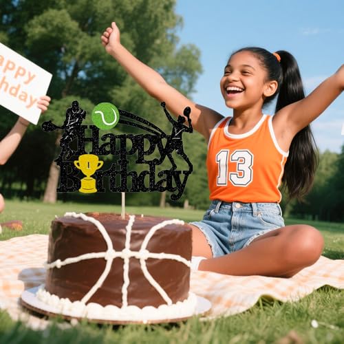 Glitter Tennis Happy Birthday Cake Topper for Sports Parties