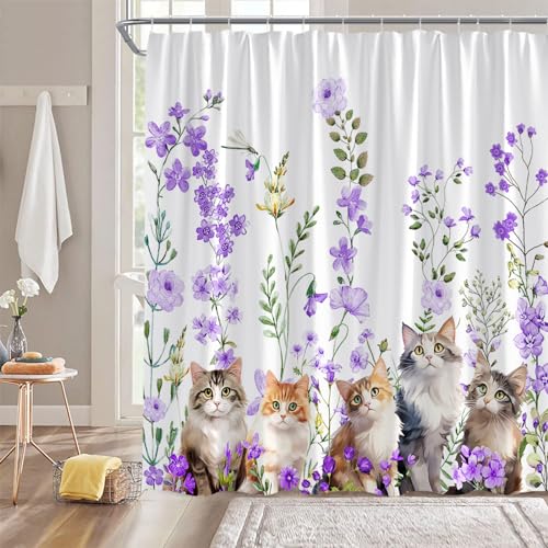 Cute Cat Purple Flower Shower Curtain - 70x70 Inches Floral Design
