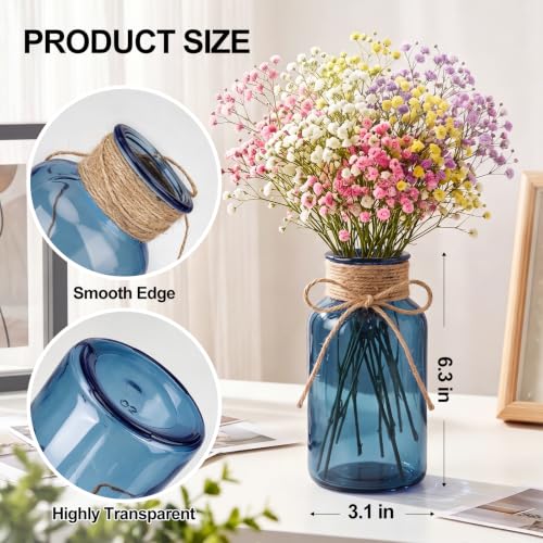 Dark Blue Mason Jars Set of 12 - Glass Flower Vase Centerpieces with Jute Tie