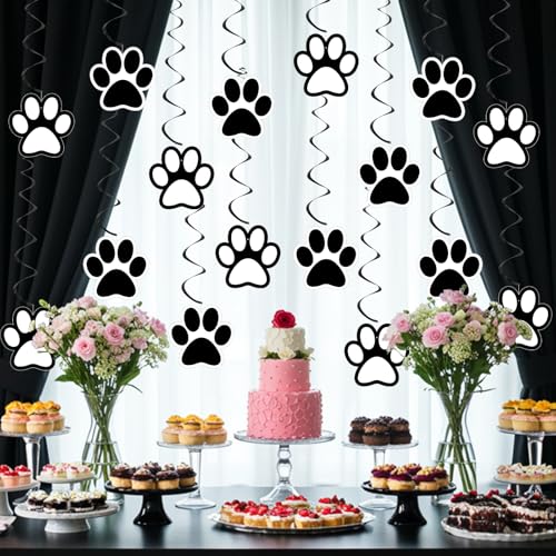 24 Pcs Black & White Dog Paw Prints Party Hanging Swirls