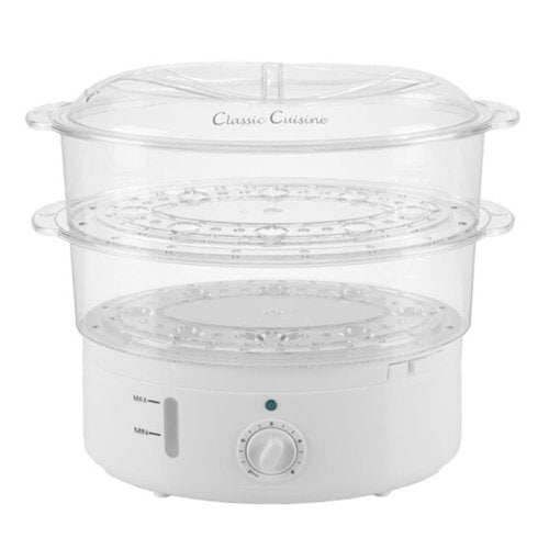 Classic Cuisine Food Steamer and Rice Cooker in one, Two-Tier Food Steamer for Healthy Meals anytime, cooks Vegetables, Fish, Dumplings, Eggs and more, 6.3 QT, Clear
