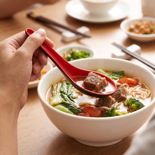 2PCS Asian Soup Spoons Set - Red & Black Melamine for Ramen, Pho