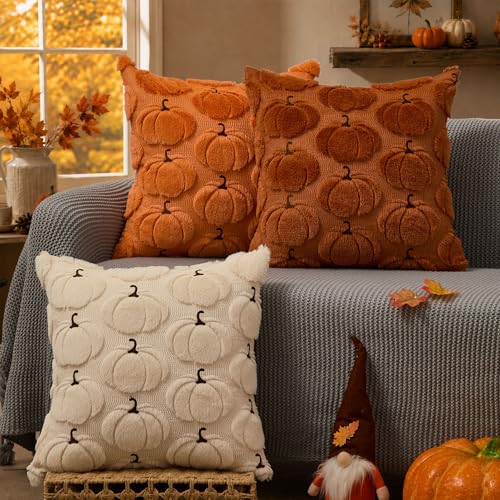 Pumpkin Faux Fur Pillow Covers - Set of 2, 18x18 Fall Decor