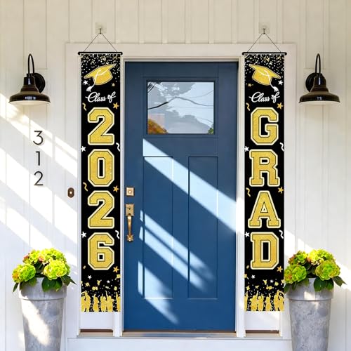 Class of 2026 Graduation Banner - Black and Gold Porch Decoration with Hooks